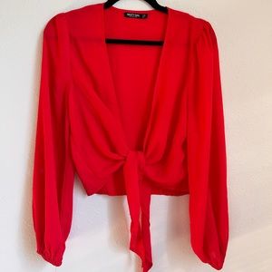 Red front tie spring blouse with balloon sleeves